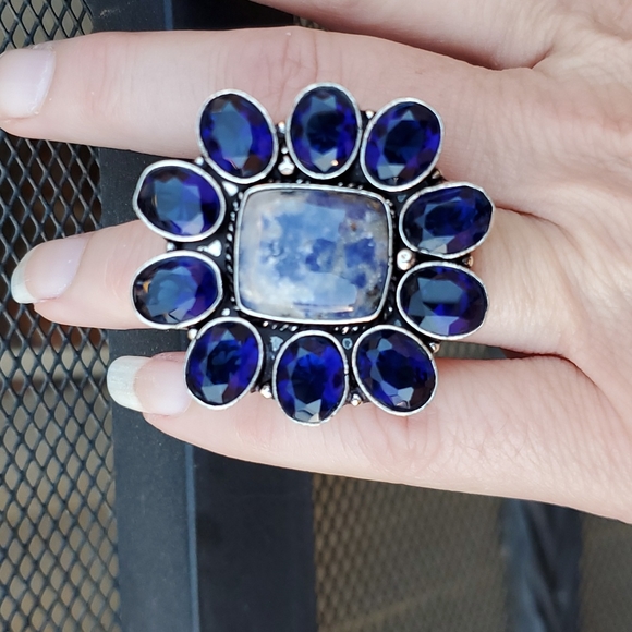 New Oversized Sodalite & Blue Topaz 925 Silver Statement Ring. - Picture 15 of 15